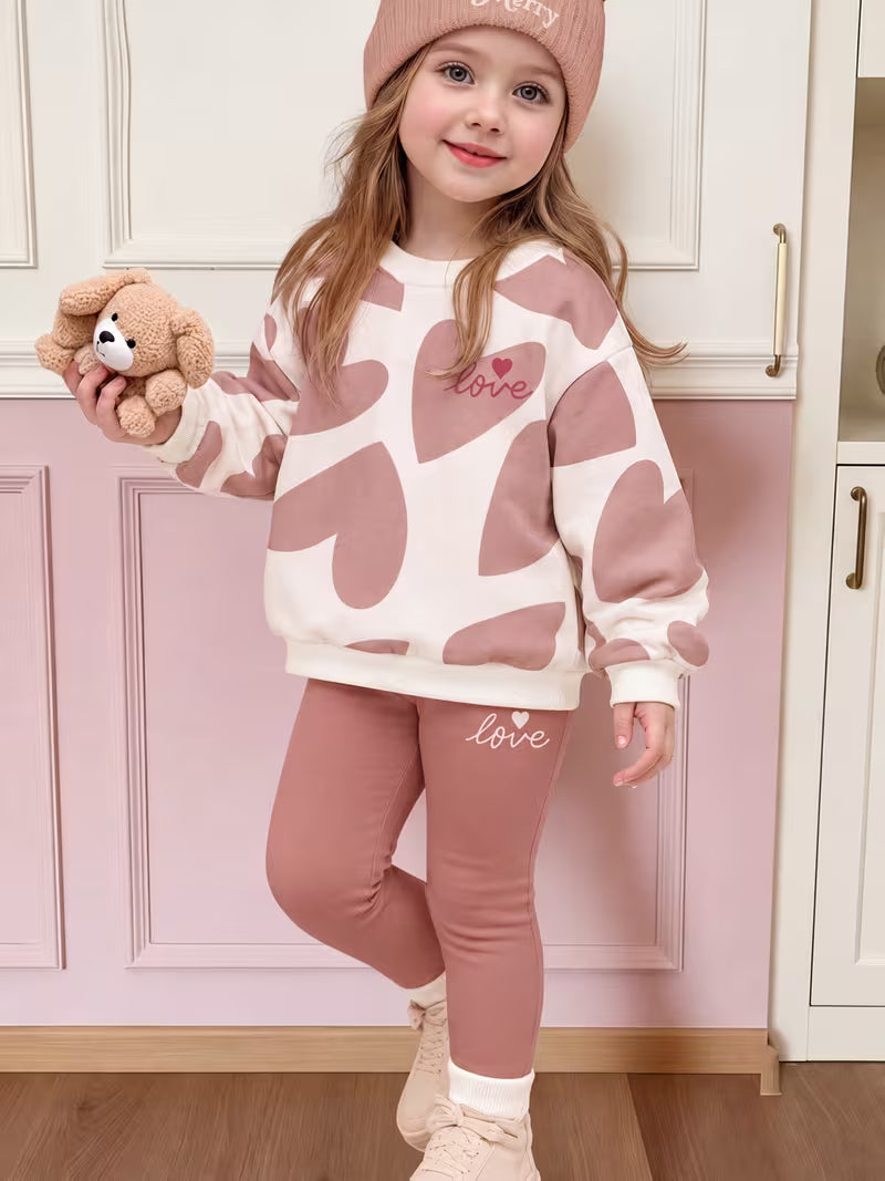 Ensemble sweat blanc motif cœurs et legging rose pour fille