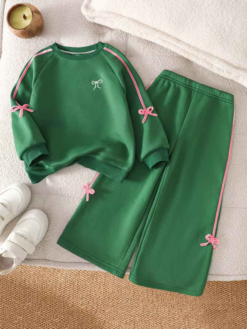 Ensemble sweat vert et pantalon large à nœuds pour fille