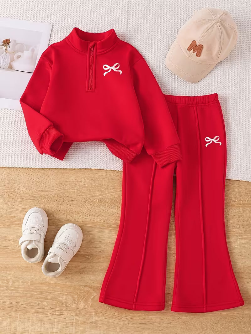 Ensemble sweat zippé rouge et pantalon évasé pour fille